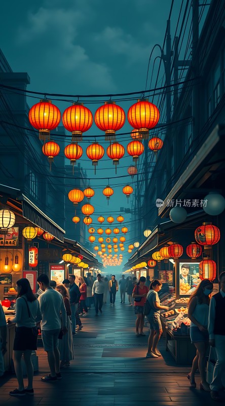夜市灯笼下的繁华街景