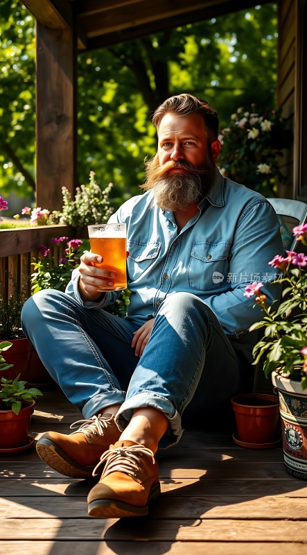 阳光下的悠闲时光享受一杯啤酒