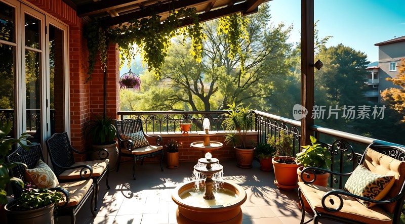 阳光下的宁静阳台绿意盎然舒适休闲