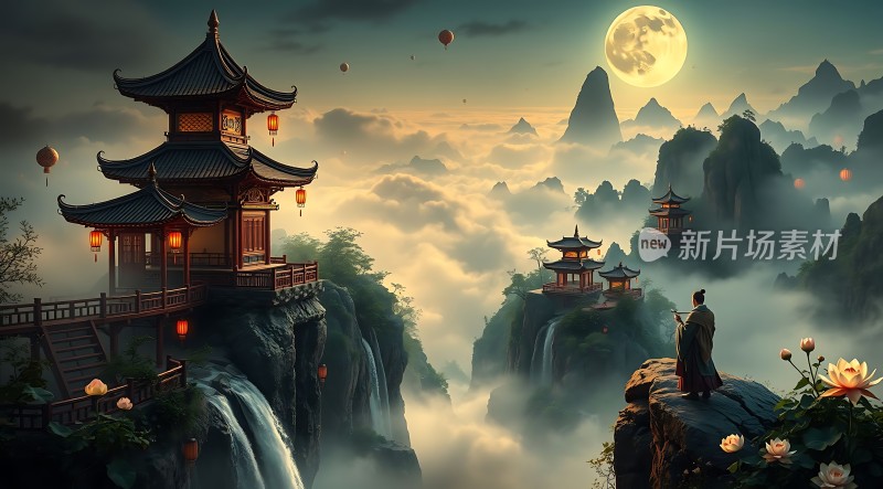 仙山楼阁夜月图