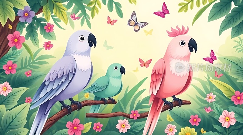 鹦鹉与蝴蝶共舞于花丛间