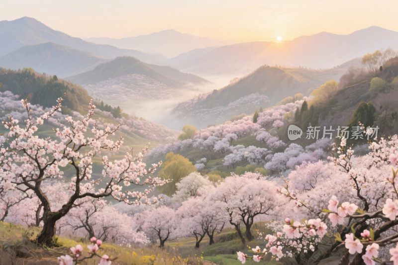 春日桃花山间景