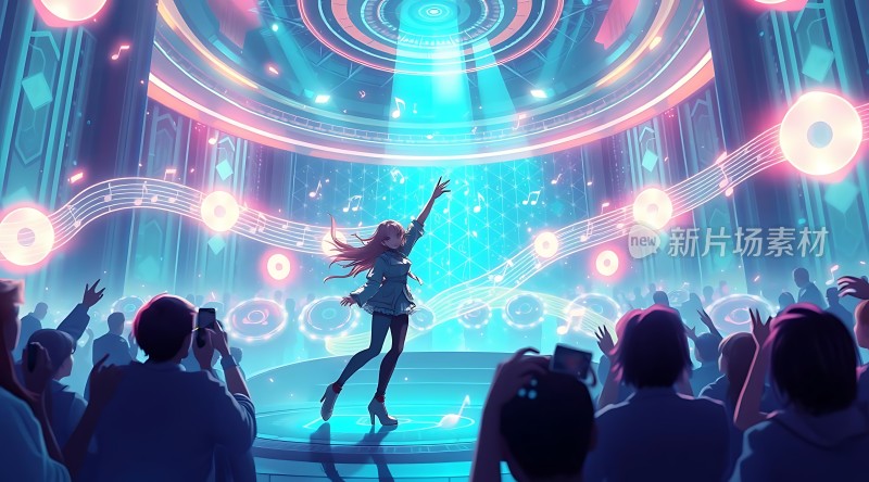 舞台上的女孩与观众互动灯光璀璨音乐环绕