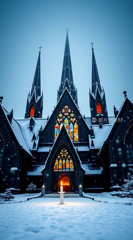 雪夜教堂彩色玻璃窗与尖塔