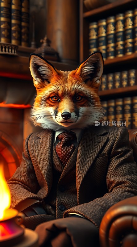 狐狸绅士在书房里阅读书籍