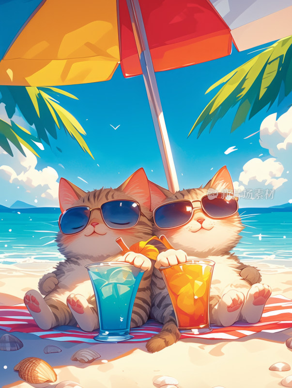 夏日沙滩上休闲的卡通小猫