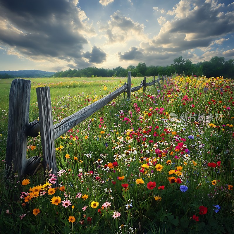 阳光下的花海木栅栏