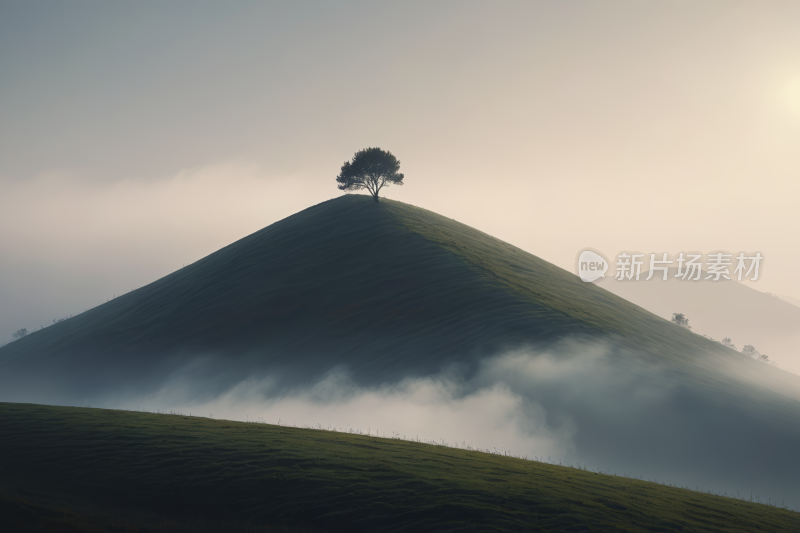 山上一棵孤树天空雾蒙蒙高清图片