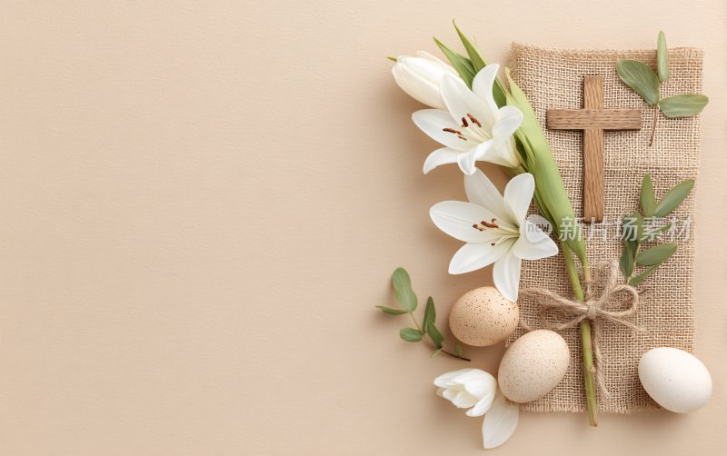 麻布上的花卉十字架与彩蛋