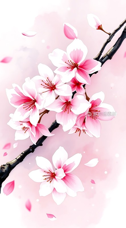 粉红樱花飘落枝头