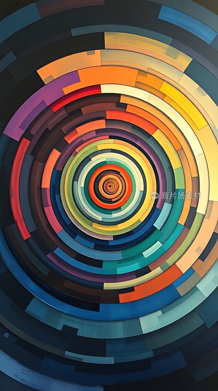 色彩漩涡同心圆与多彩几何形状交织的艺术图案
