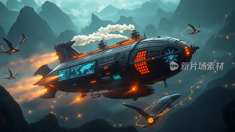 未来飞船翱翔于山川之间