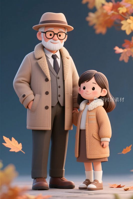 秋季老人小孩插画