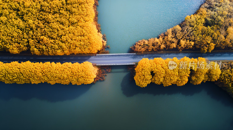 秋日公路桥美景湖泊河流桥梁道路森林树林