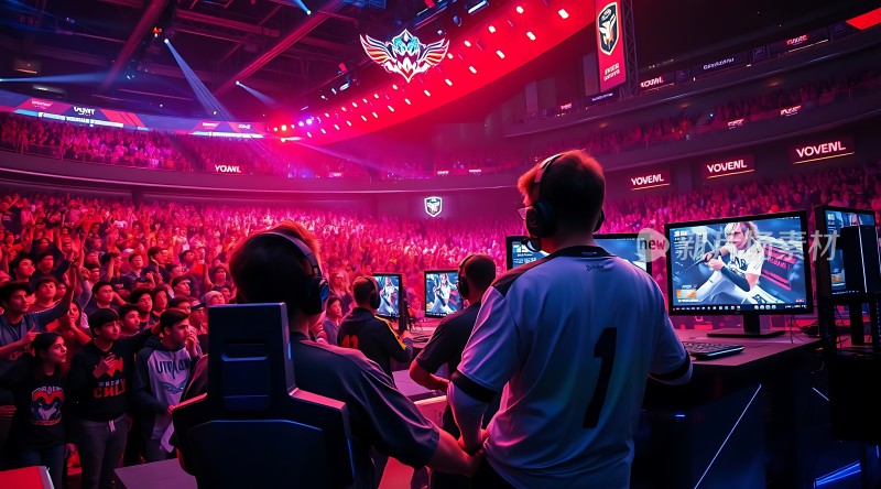 电竞比赛现场选手专注对战观众热情高涨