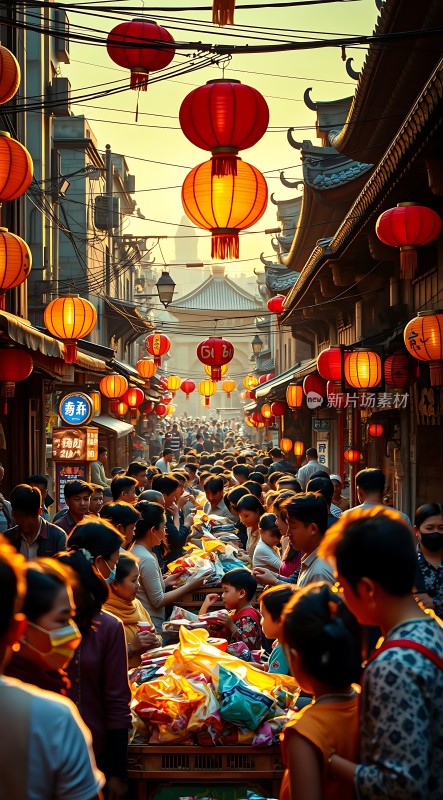 繁华古街灯笼高挂人潮涌动热闹非凡