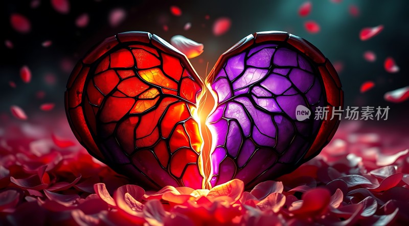 破碎的心形玻璃红色与紫色花瓣环绕