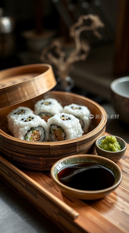 竹笼寿司配酱油和芥末