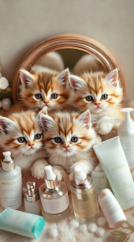 三只小猫与护肤品合影