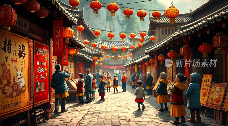 春节庙会热闹非凡灯笼高挂人潮涌动