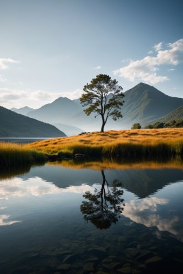 湖边一座草山上着一棵孤树高清图片