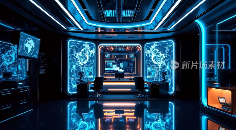 科技感十足的会议室未来主义风格设计蓝色灯光与机械图案装饰