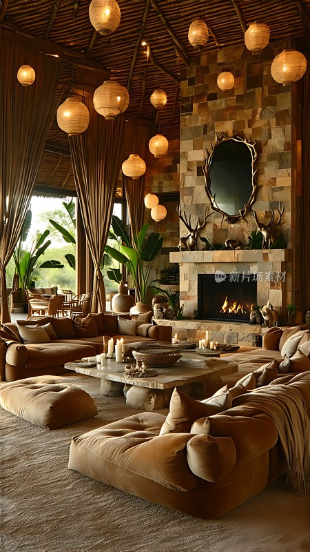 热带风情客厅舒适沙发与壁炉营造温馨氛围