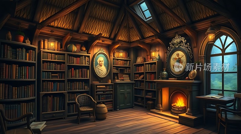 古色古香书房书架、壁炉与艺术装饰相映成趣