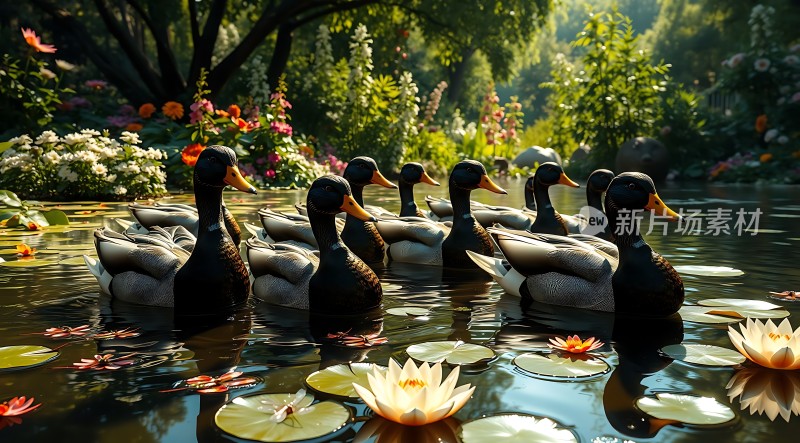 黑头鸭游弋在荷花池中