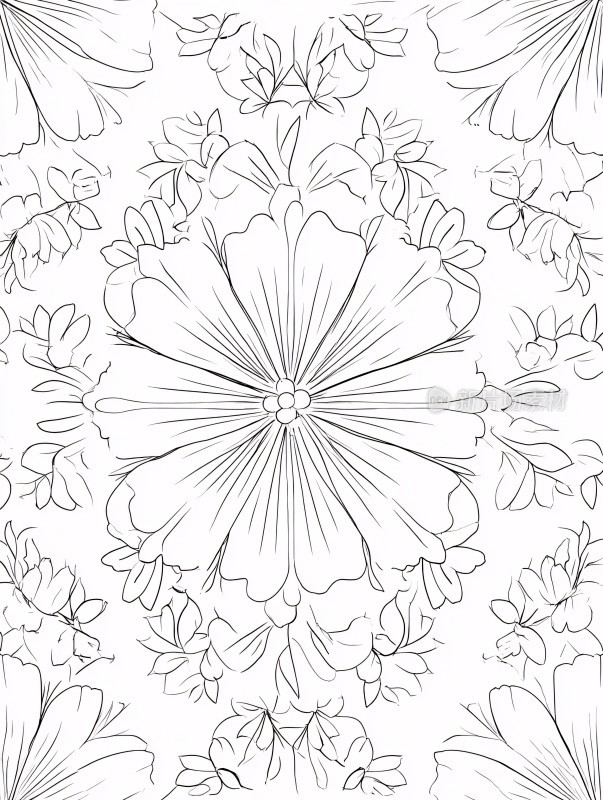 黑白花卉线条插画图案