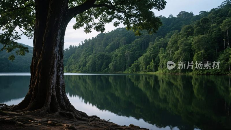 山水湖景大树图
