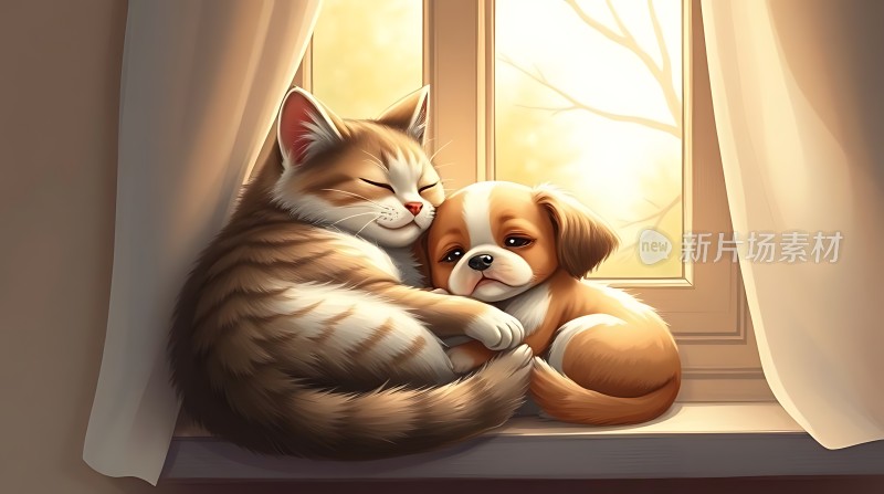 阳光下的猫咪与狗狗温馨依偎