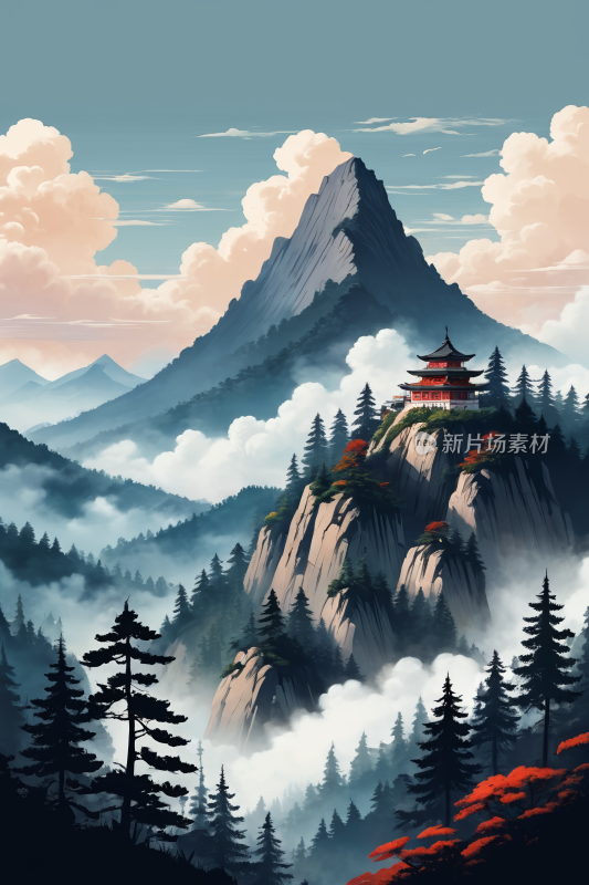 一座山山顶一座宝塔高清插画图片