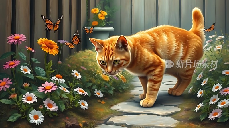 橘猫漫步花园中蝴蝶翩翩起舞