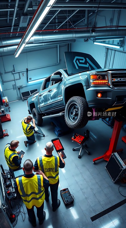 车间内工人们正在对一辆皮卡车进行维修和检查