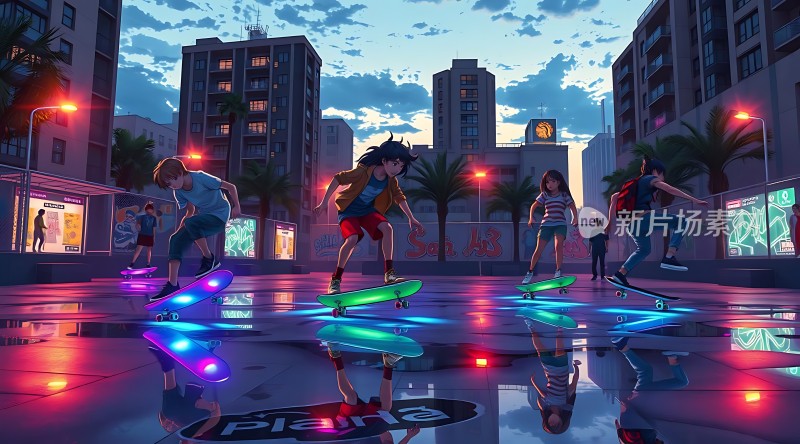 未来城市滑板少年