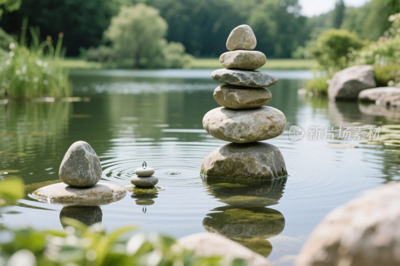 水面石堆平衡禅意景观