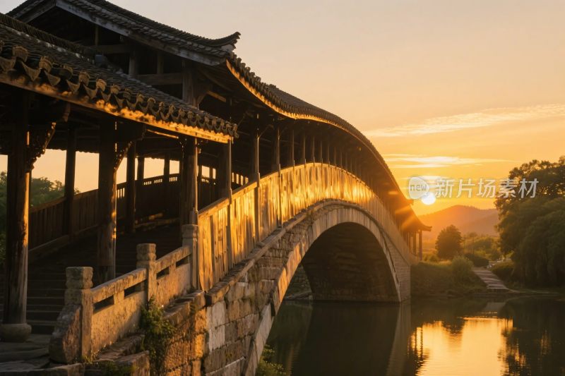 古桥夕阳古建风光图