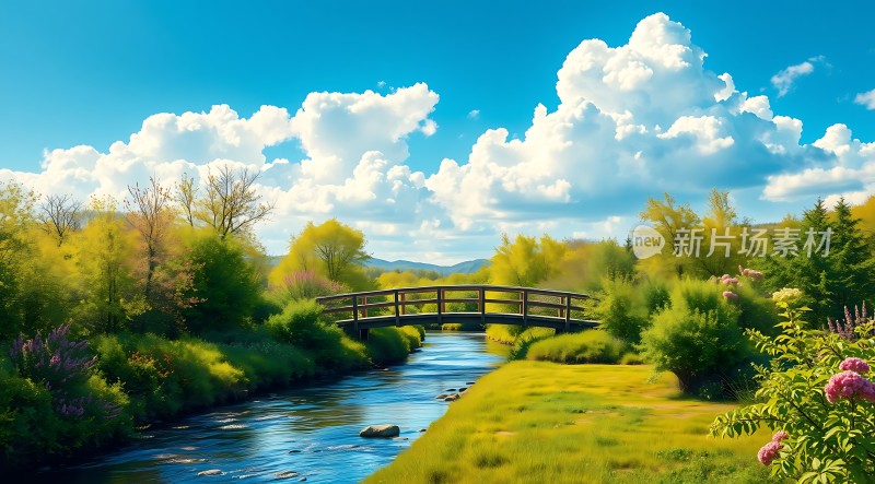 阳光下的绿色小桥流水