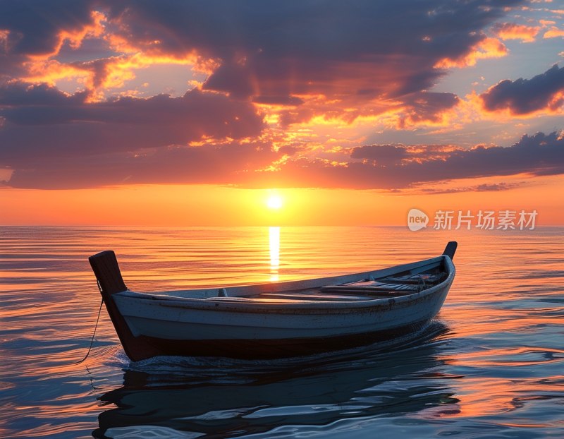 夕阳小船映海面