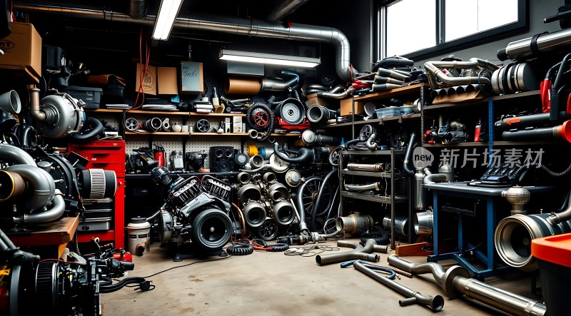 机械零件仓库整齐排列的汽车零部件和工具