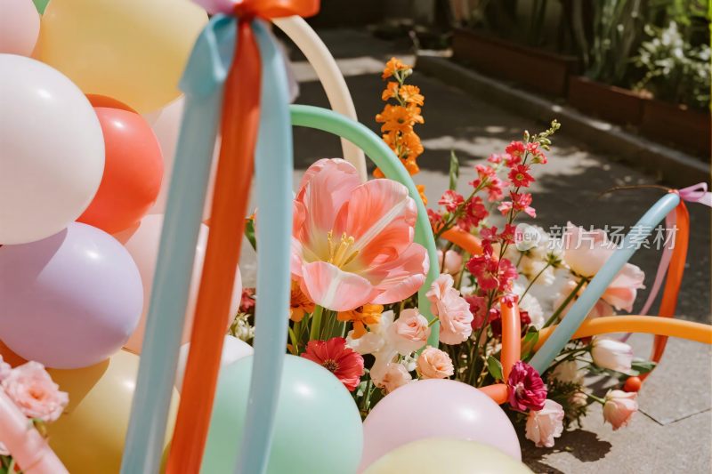 彩色气球与花卉装饰场景