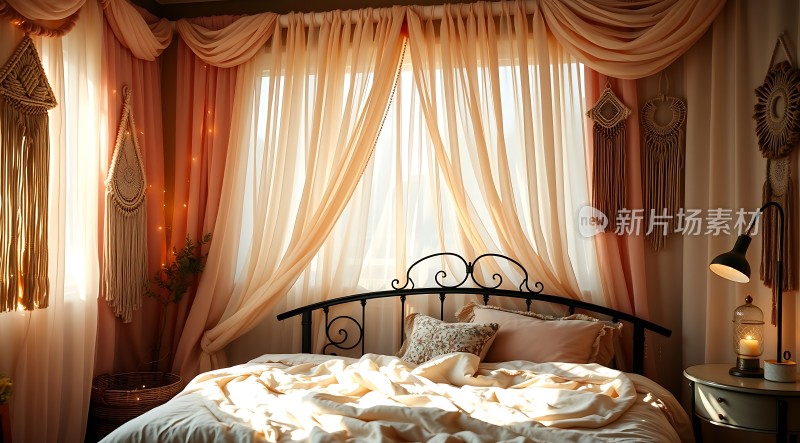 阳光洒满温馨卧室舒适床铺与梦幻窗帘相映成趣