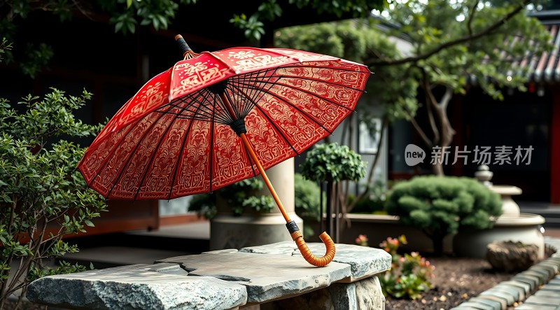 红色油纸伞下的古风园林