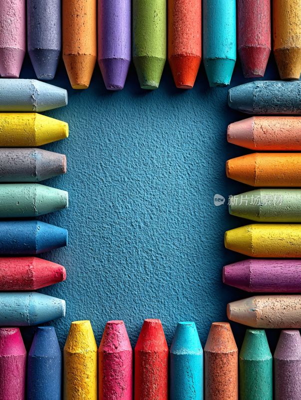 彩色蜡笔围成方形边框画面