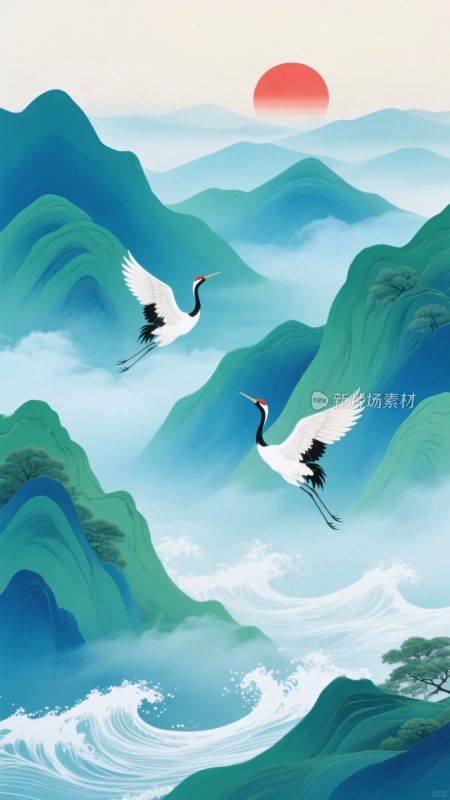 山水间双鹤伴红日飞翔