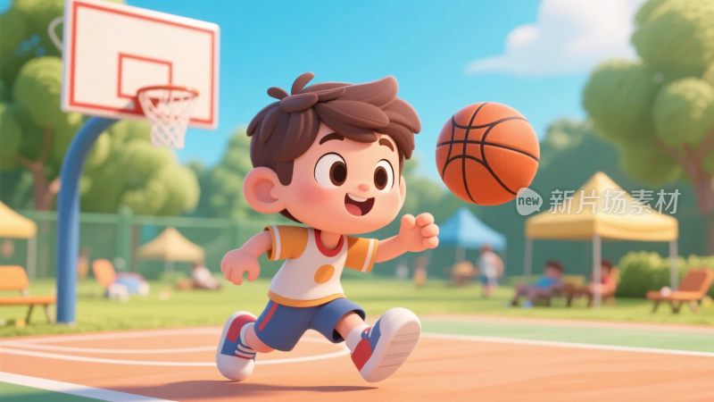 卡通男孩篮球运动场景
