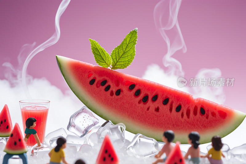 西西瓜水果汁西瓜吉他微观小人摄影夏日冰封