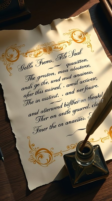 古风手写情书墨香四溢羽毛笔与羊皮纸上的优雅文字