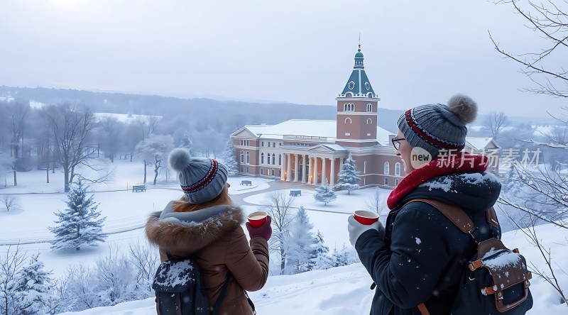 雪景校园里的温馨时刻